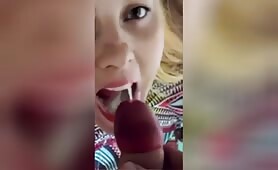 Blonde girlfriend takes upclose load of cum in her mouth