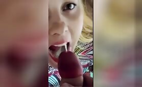 Blonde girlfriend takes upclose load of cum in her mouth