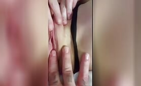 Couple play with her little pussy together